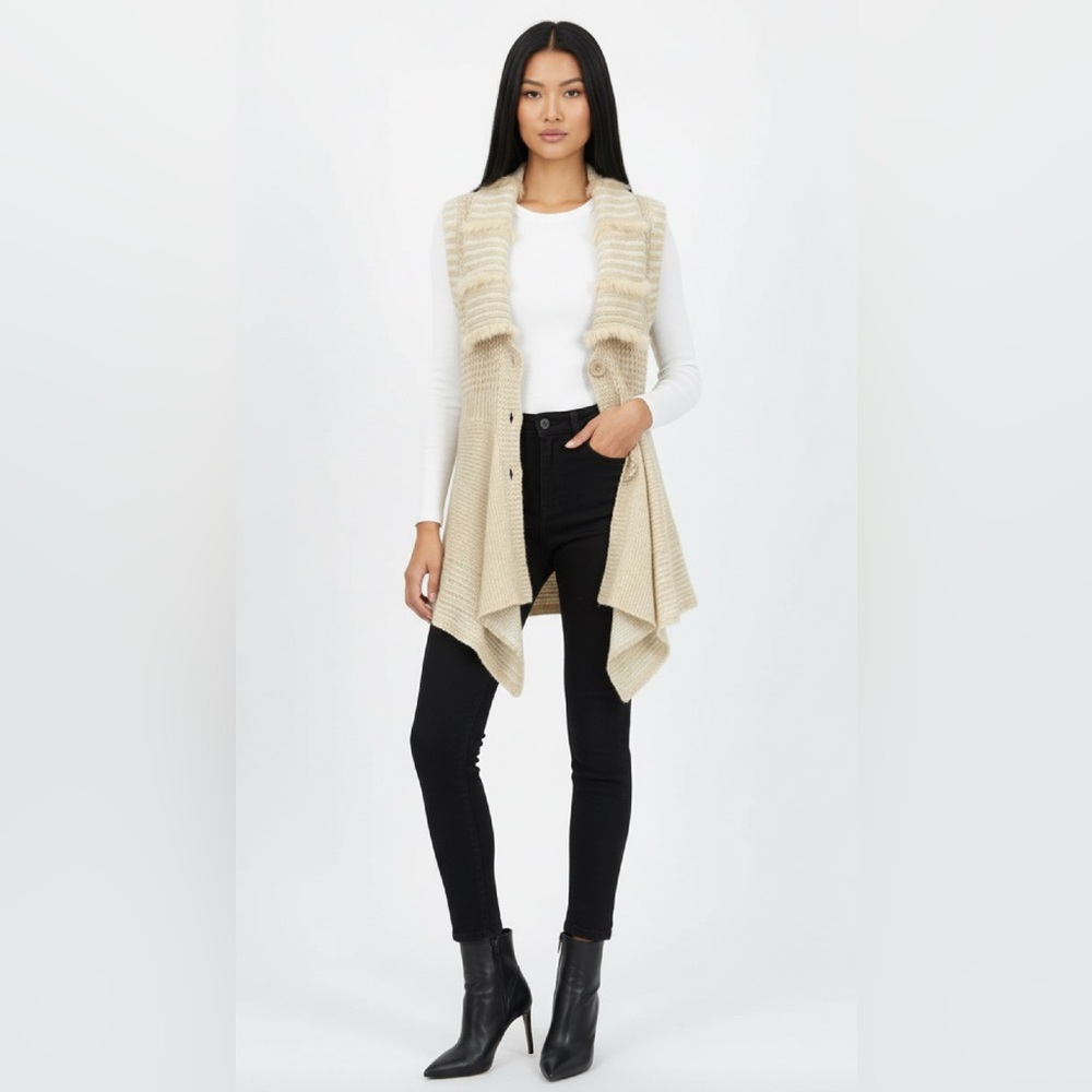 TWO SISTERS Sleeveless Wool Blend Cardigan with Fur Trim